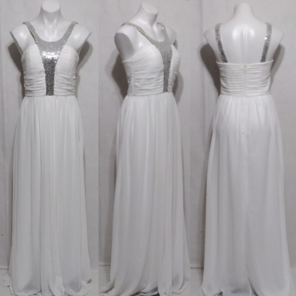 A. Drea White Chiffon Sequin Accent A-Line Maxi Gown Formal Evening Dress Medium
